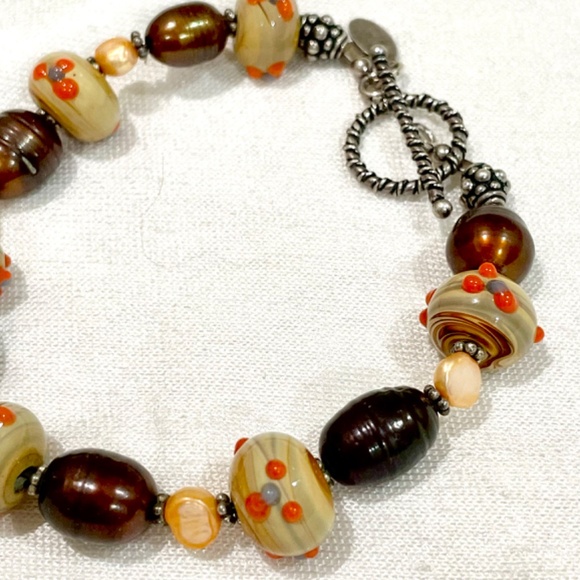 Donna Dressler Sterling Silver Wedding Cake Glass Bead Pearl Bracelet SIGNED - Picture 3 of 10